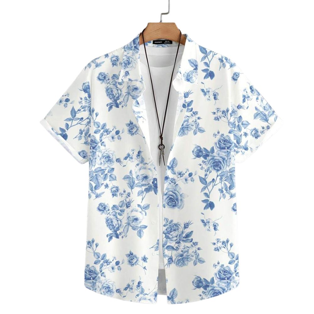 Camisa masculina Vinser branca com estampa floral azul, manga curta, modelagem leve e elegante, ideal para um estilo casual sofisticado.