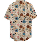 Costas da Camisa Vinser Flores do Paraíso, com estampa floral em tons de bege, azul, branco, rosa e marrom, confeccionada em tecido leve e de caimento confortável.
