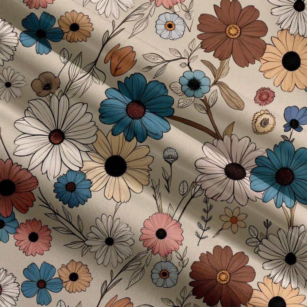 Detalhe da Camisa Vinser Flores do Paraíso, destacando a estampa floral em tons de bege, azul, branco, rosa e marrom, além da textura do tecido leve e do acabamento de alta qualidade.