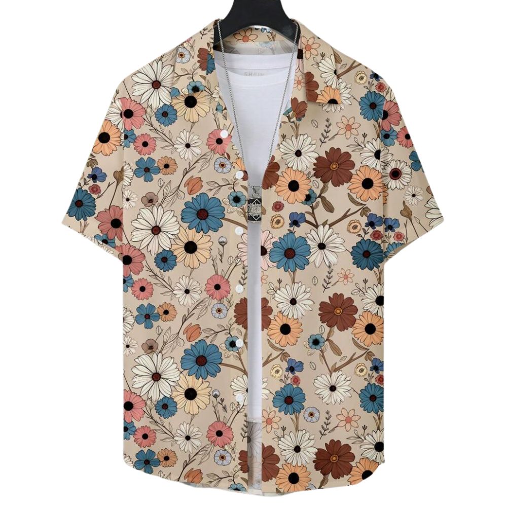 Vista frontal da Camisa Vinser Flores do Paraíso, com estampa floral multicolorida sobre fundo bege, manga curta, tecido leve e acabamento premium.