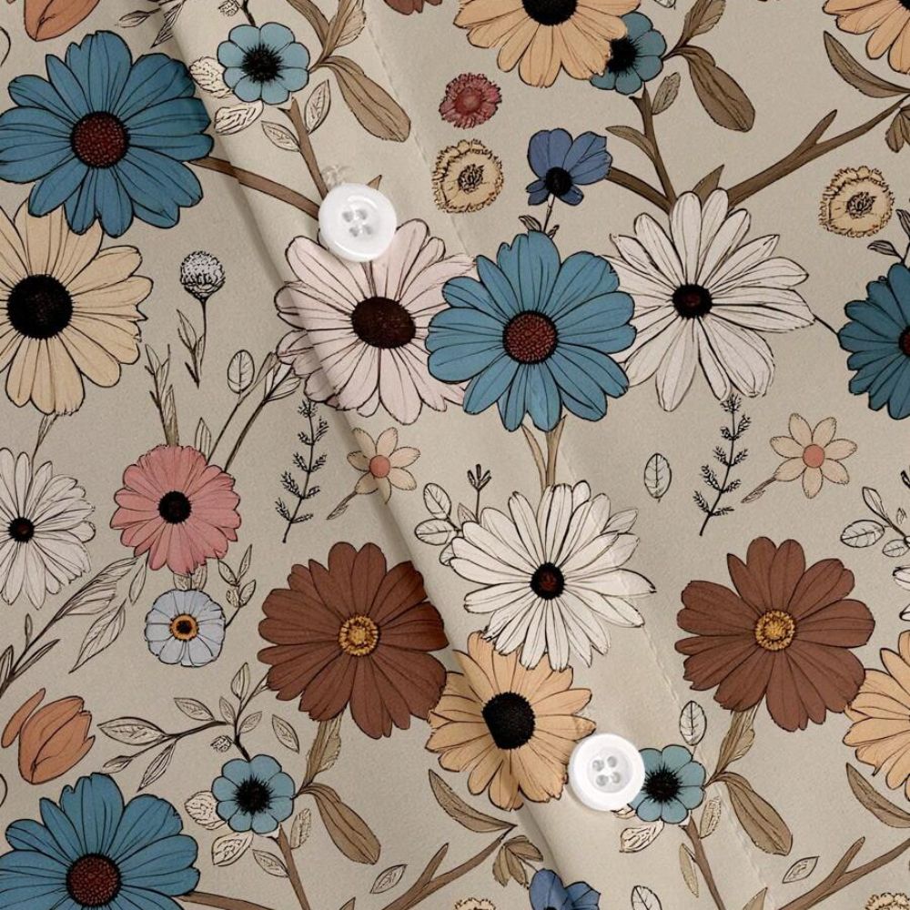 Detalhe do tecido da Camisa Vinser Flores do Paraíso, evidenciando a estampa floral em tons de bege, azul, branco, rosa e marrom, além dos botões e do acabamento de alta qualidade.