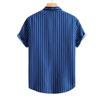 Camisa Vinser Fortaleza azul listrada vista de costas, com manga curta e estampa de listras verticais