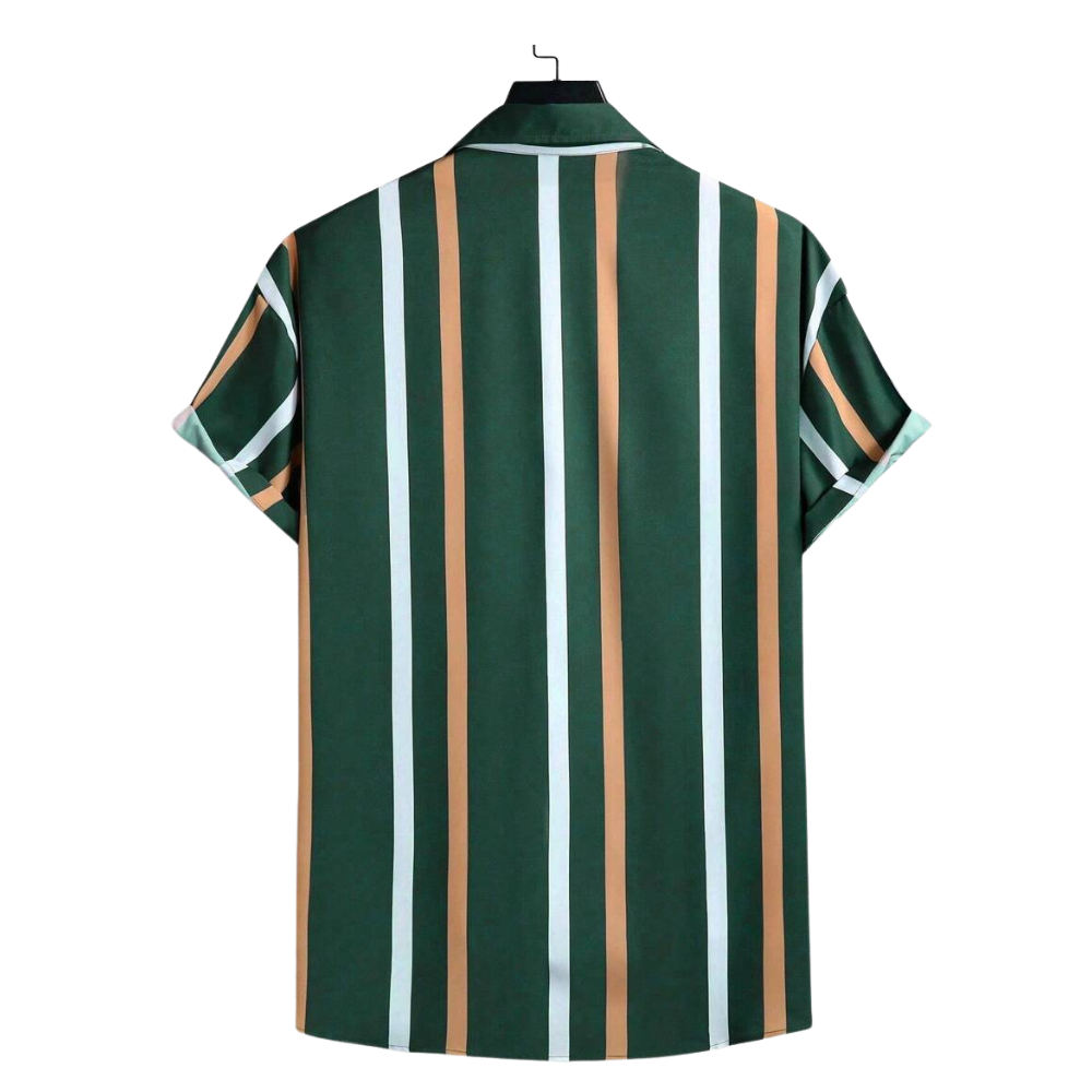 Camisa Vinser Goiânia verde com listras verticais brancas e bege, manga curta, imagem das costas
