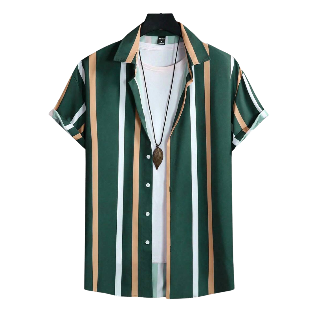 Camisa Vinser Goiânia verde com listras verticais brancas e bege, manga curta