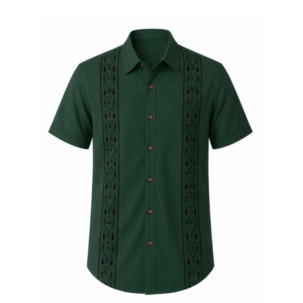 Camisa masculina Vinser Guaratuba verde-escura com detalhes estampados em preto nas laterais frontais.