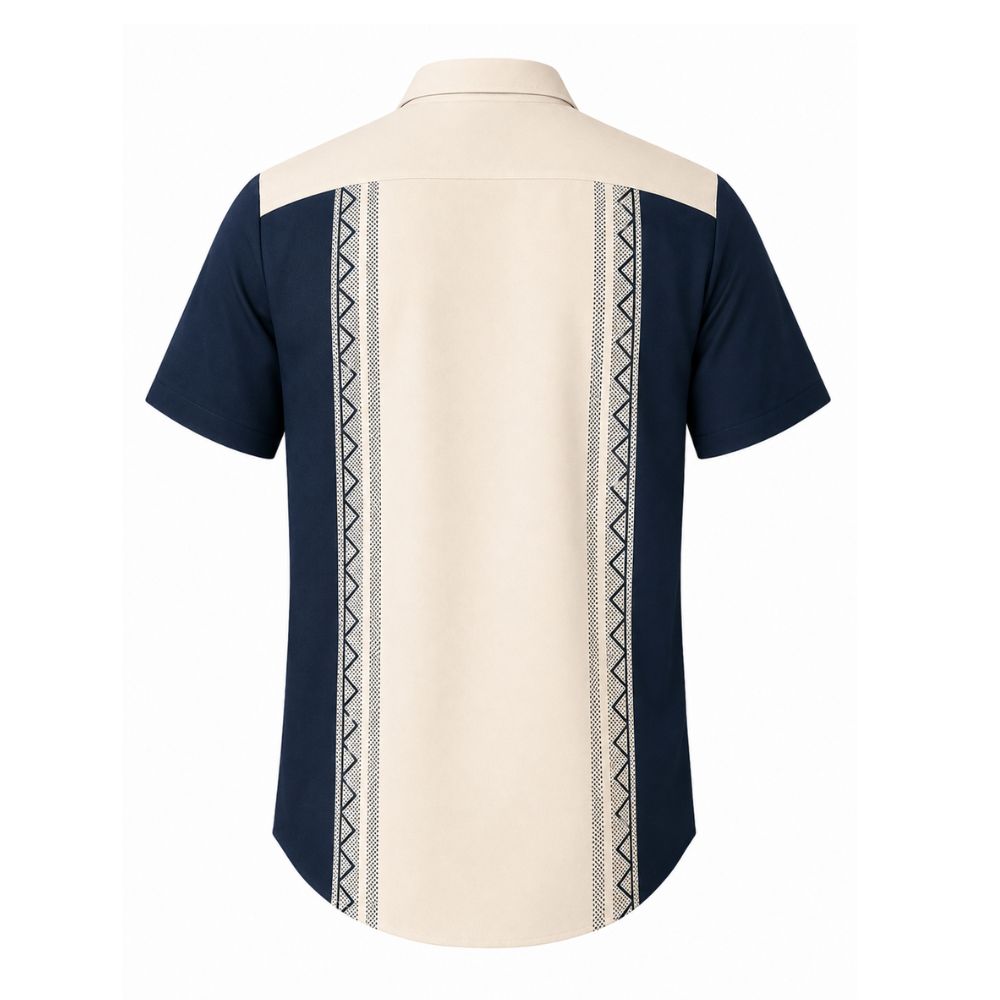 Camisa Vinser Guayabera masculina azul-marinho e bege vista de costas com detalhes geométricos