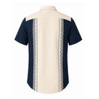 Camisa Vinser Guayabera masculina azul-marinho e bege vista de costas com detalhes geométricos