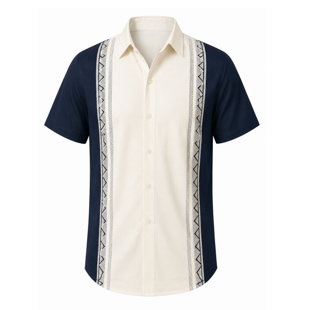 Camisa Vinser Guayabera masculina azul-marinho com detalhes geométricos em bege