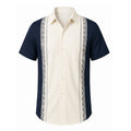 Camisa Vinser Guayabera masculina azul-marinho com detalhes geométricos em bege