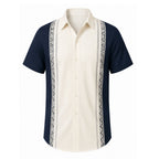 Camisa Vinser Guayabera masculina azul-marinho com detalhes geométricos em bege