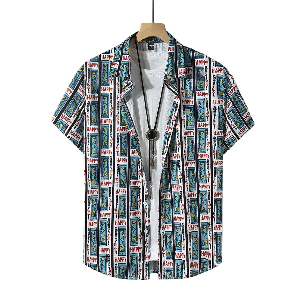 Camisa Vinser Happy masculina estampada com padrão colorido e manga curta