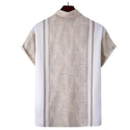 Vista traseira da Camisa Vinser Havana com design listrado em branco e bege, painel central texturizado, modelagem de manga curta, caimento leve e acabamento refinado, ideal para um visual elegante e sofisticado.