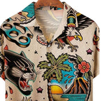 Detalhe da gola da camisa masculina Vinser Ink Paradise com estampa inspirada em tatuagens old school e acabamento premium.