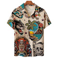 Camisa masculina Vinser Ink Paradise com estampa artística inspirada em tatuagens old school, em tons de bege, preto, azul e vermelho.