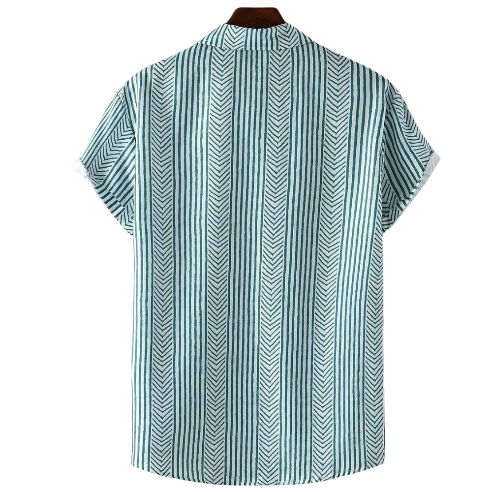Costas da Camisa Vinser Jade Imperial branca com estampa geométrica em linhas verde-esmeralda