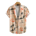 Camisa masculina Vinser Jeribá bege com estampa de barcos, coqueiros e paisagens litorâneas em preto e laranja.