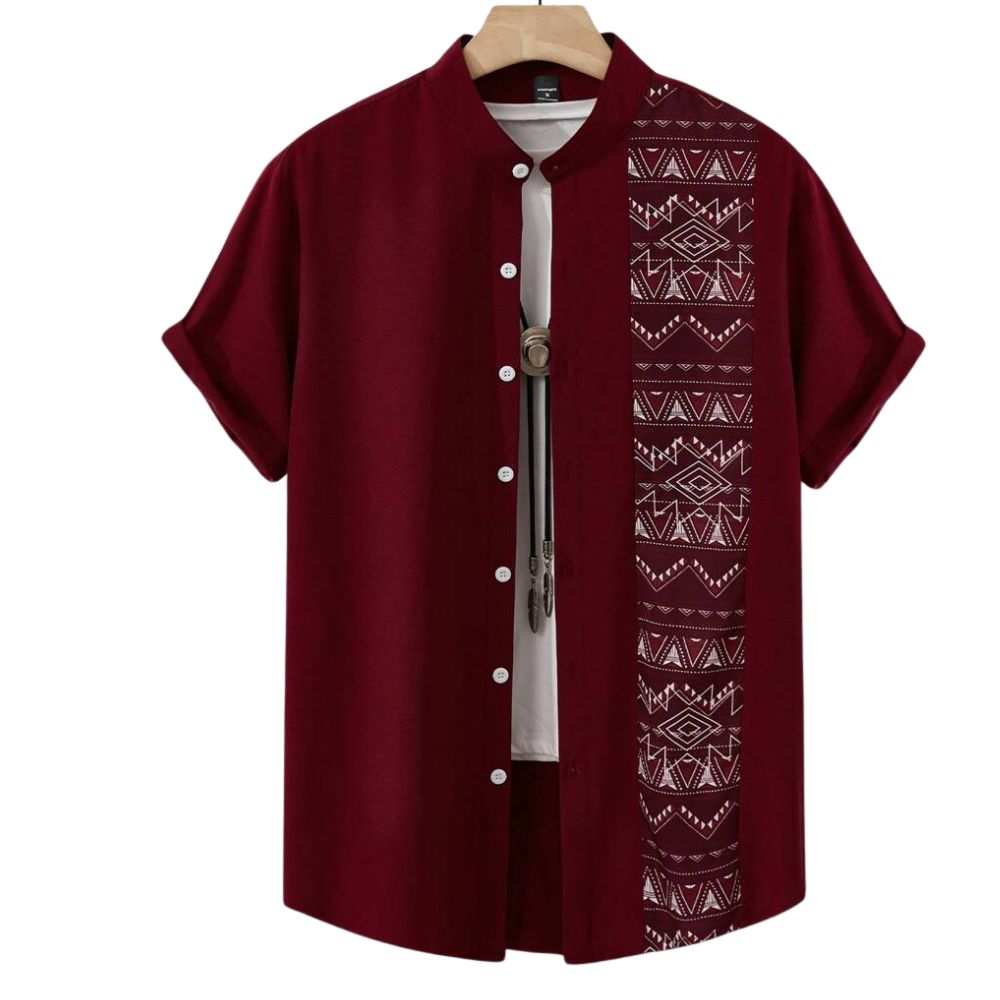 Camisa masculina Vinser Jericoacoara vinho manga curta com estampa geométrica frontal