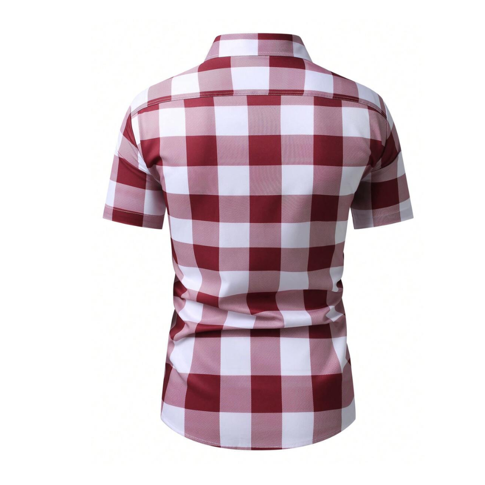 Costas da Camisa Vinser João Pessoa masculina com estampa xadrez vermelha e branca