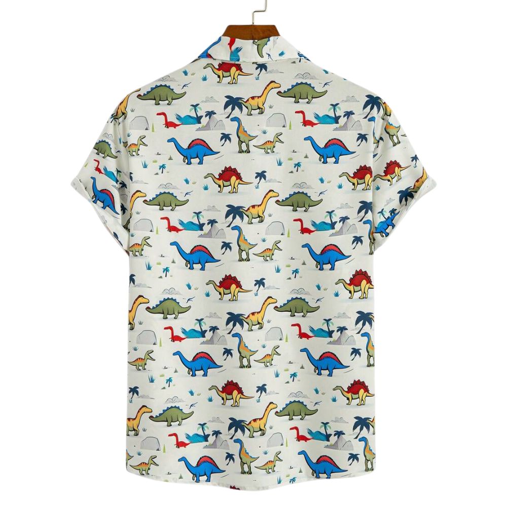 Vista traseira da camisa masculina Vinser Jurassic Branco com estampa colorida de dinossauros, manga curta e acabamento premium.