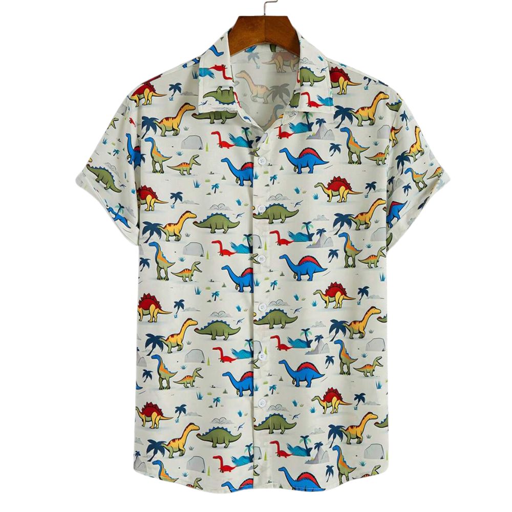 Camisa masculina Vinser Jurassic Branco com estampa colorida de dinossauros, manga curta e acabamento premium.