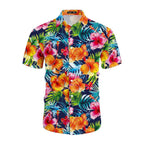 Camisa masculina Vinser Jurerê com estampa floral tropical colorida em tons de azul, rosa, laranja e verde.