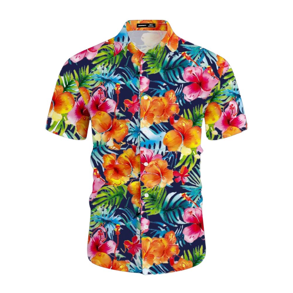 Camisa masculina Vinser Jurerê com estampa floral tropical colorida em tons de azul, rosa, laranja e verde.