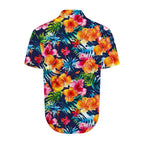 Camisa masculina Vinser Jurerê vista de costas, com estampa floral tropical em tons de azul, rosa, laranja e verde.