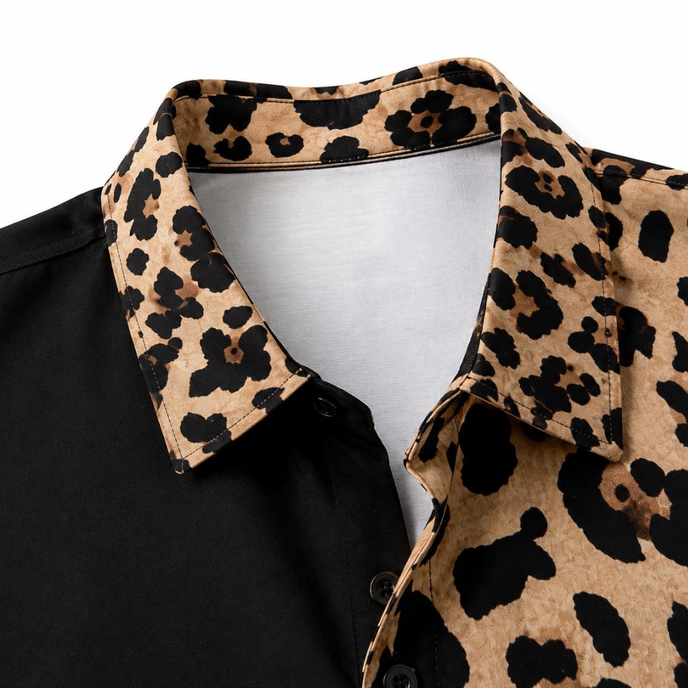 Detalhe da gola e estampa de leopardo da Camisa Vinser Kalahari