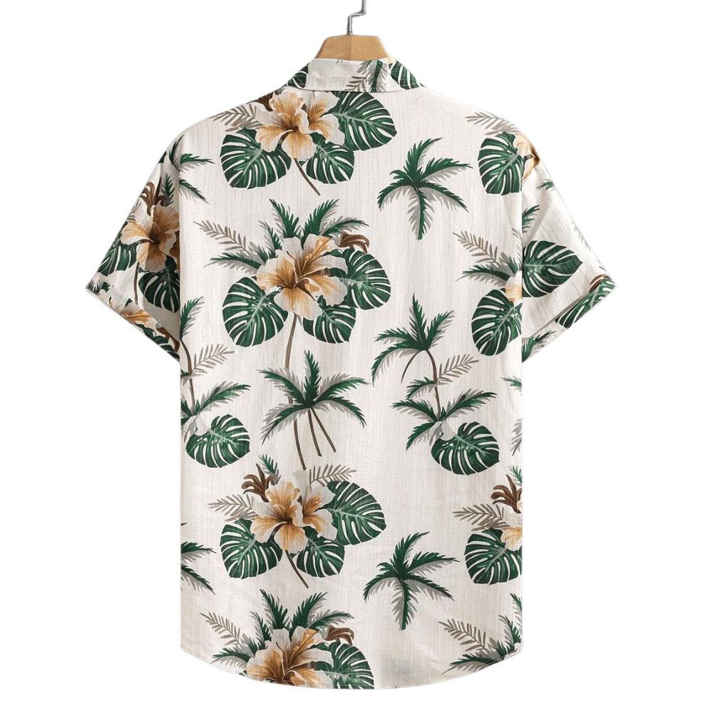 Camisa Vinser Kauai masculina estampada tropical vista de costas com folhas e flores
