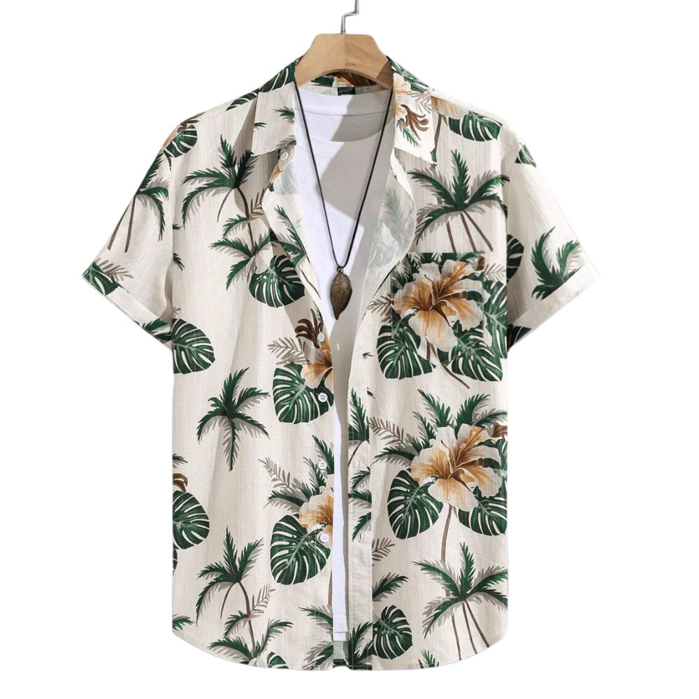 Camisa Vinser Kauai masculina estampada tropical com folhas verdes e flores