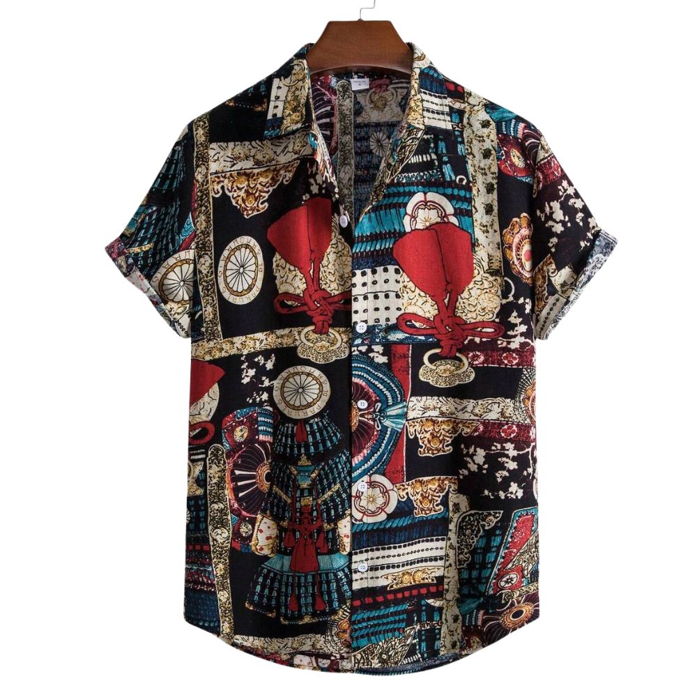 Camisa masculina Vinser Kyoto de manga curta com estampa oriental sofisticada em preto, vermelho, azul e tons terrosos.