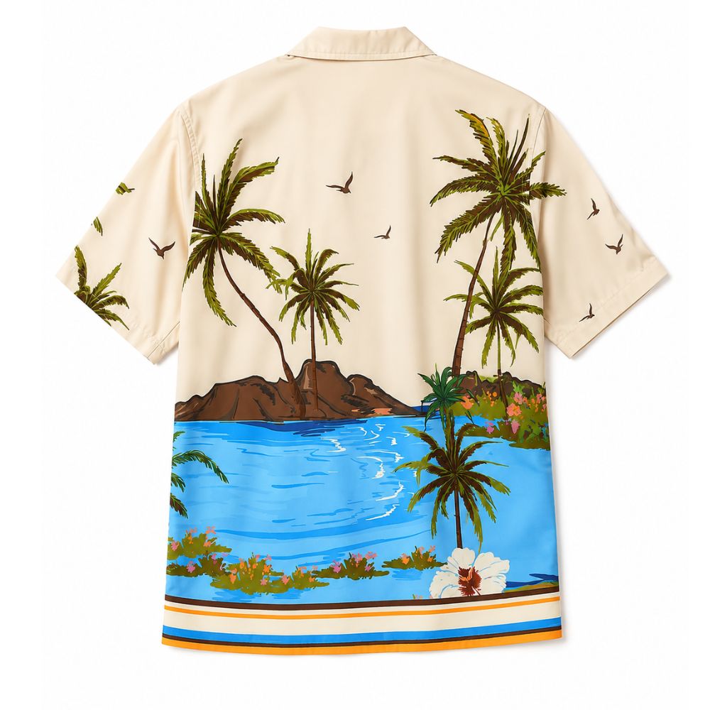 Camisa Vinser Laguna estampada com palmeiras e paisagem tropical vista de costas