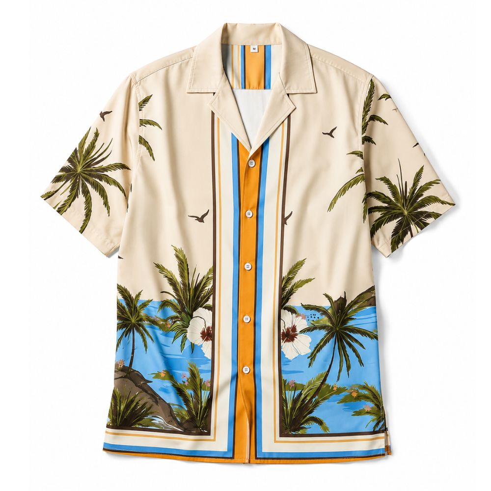Camisa Vinser Laguna estampada com palmeiras e paisagem tropical