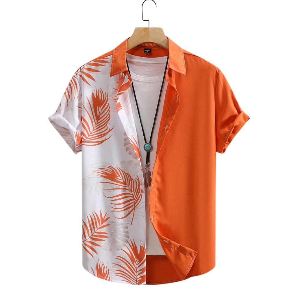 Camisa masculina Vinser laranja com estampa tropical em folhas na parte frontal, de manga curta e acabamento premium.