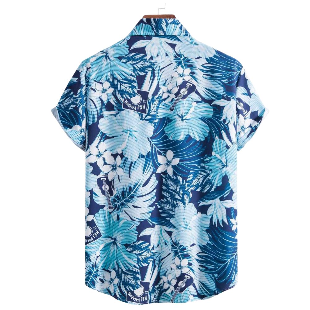 Vista traseira da Camisa Vinser Litoral Azul com estampa tropical de folhas e flores em tons de azul, azul-marinho e branco, destacando a continuidade da estampa nas costas.