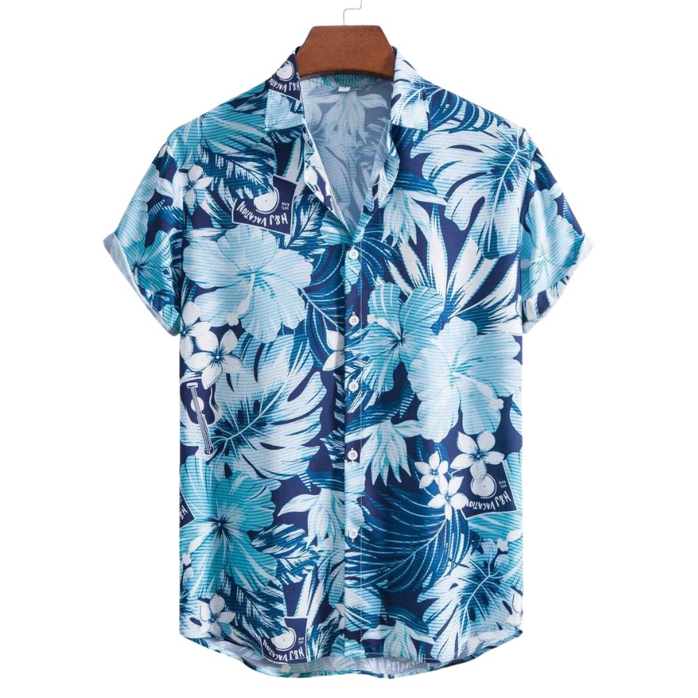 Vista frontal da Camisa Vinser Litoral Azul com estampa tropical de folhas e flores em tons de azul, azul-marinho e branco, modelagem de manga curta e gola colarinho.