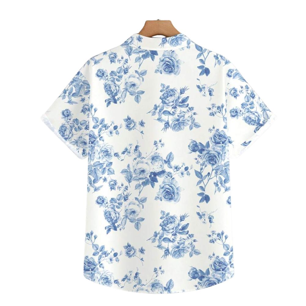 Camisa Vinser Lugano masculina branca com estampa floral azul vista de costas