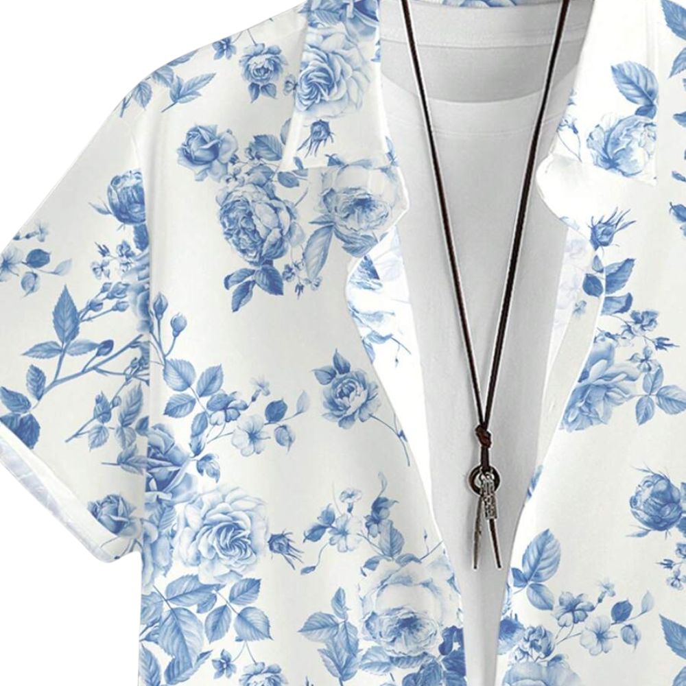 Detalhe da estampa floral azul da Camisa Vinser Lugano