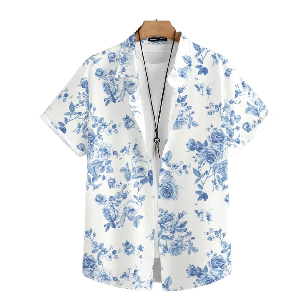 Camisa Vinser Lugano masculina branca com estampa floral azul