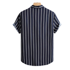 Camisa Vinser Maceió masculina listrada azul-marinho e branca vista de costas