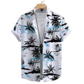 Vista frontal da Camisa Vinser Mar, com estampa tropical de coqueiros em preto sobre fundo branco com detalhes em azul, modelagem de manga curta, caimento leve e acabamento premium.