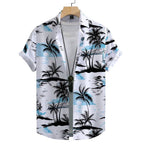 Vista frontal da Camisa Vinser Mar, com estampa tropical de coqueiros em preto sobre fundo branco com detalhes em azul, modelagem de manga curta, caimento leve e acabamento premium.
