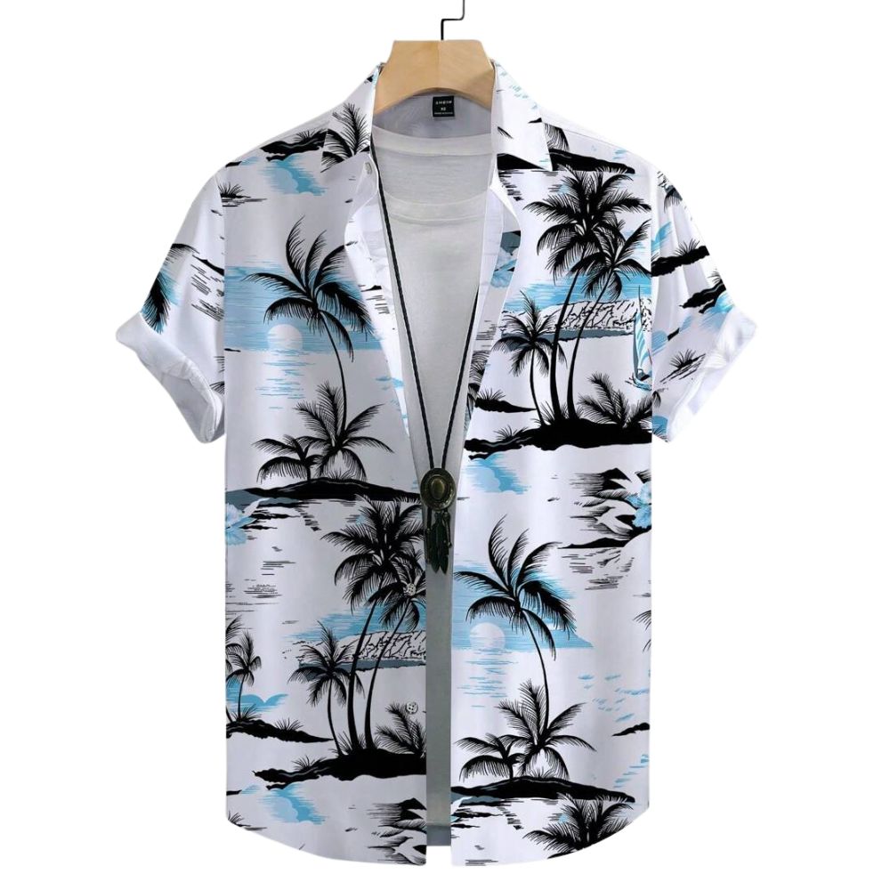 Vista frontal da Camisa Vinser Mar, com estampa tropical de coqueiros em preto sobre fundo branco com detalhes em azul, modelagem de manga curta, caimento leve e acabamento premium.