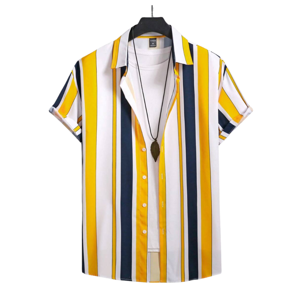 Camisa Vinser Maranhão com listras verticais amarelas, brancas e azul-marinho