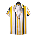 Camisa Vinser Maranhão com listras verticais amarelas, brancas e azul-marinho