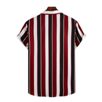 Verso da Camisa Vinser Natal com listras verticais vermelhas, pretas e brancas
