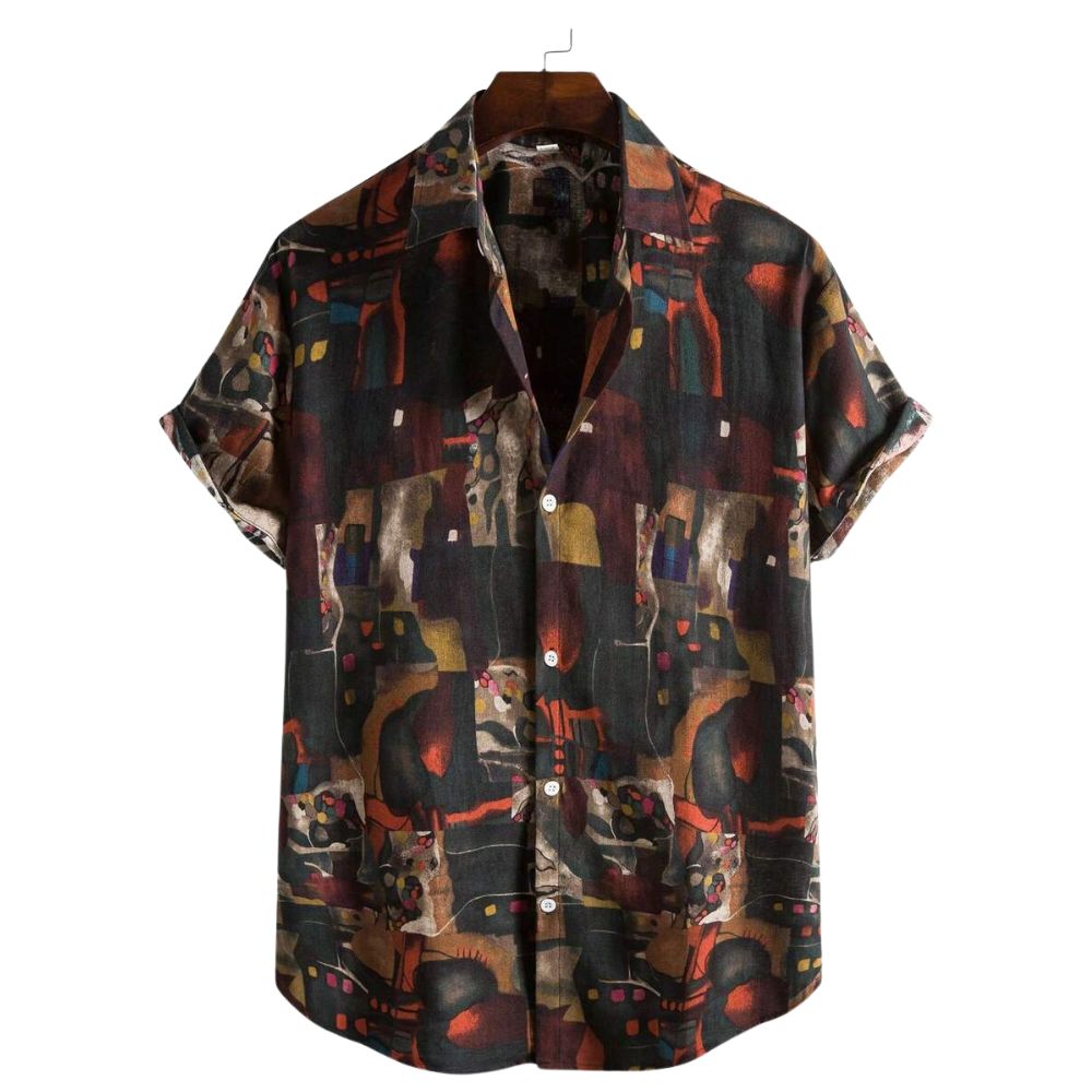 Camisa masculina Vinser Niterói de manga curta com estampa geométrica abstrata em tons escuros, vermelho, marrom e dourado.