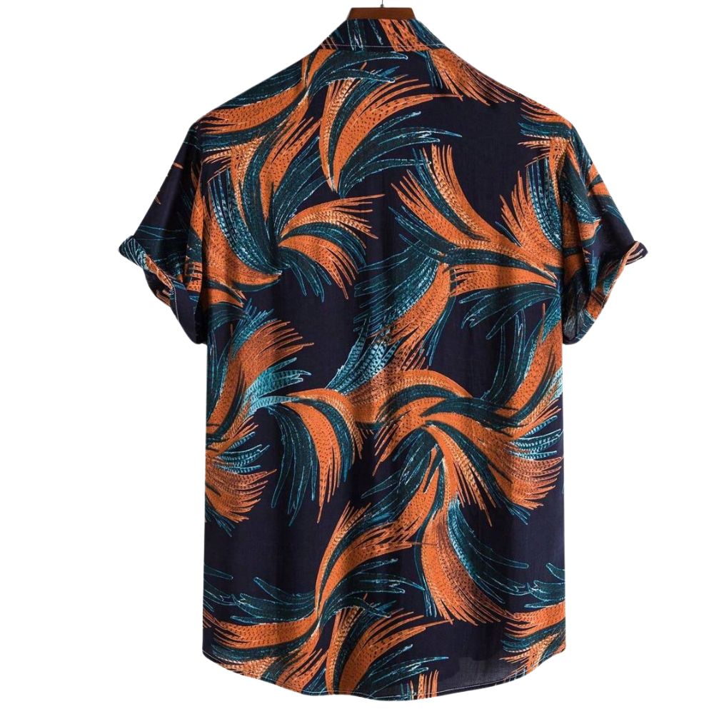 Vista traseira da Camisa Vinser Noronha com estampa tropical de folhas em tons de laranja e azul-petróleo sobre fundo azul-marinho, modelagem de manga curta, gola tradicional e caimento leve, destacando o acabamento refinado e o design sofisticado.