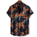 Vista frontal da Camisa Vinser Noronha com estampa tropical de folhas em tons de laranja e azul-petróleo sobre fundo azul-marinho, manga curta, gola tradicional e caimento leve, ideal para um visual sofisticado, fresco e confortável.