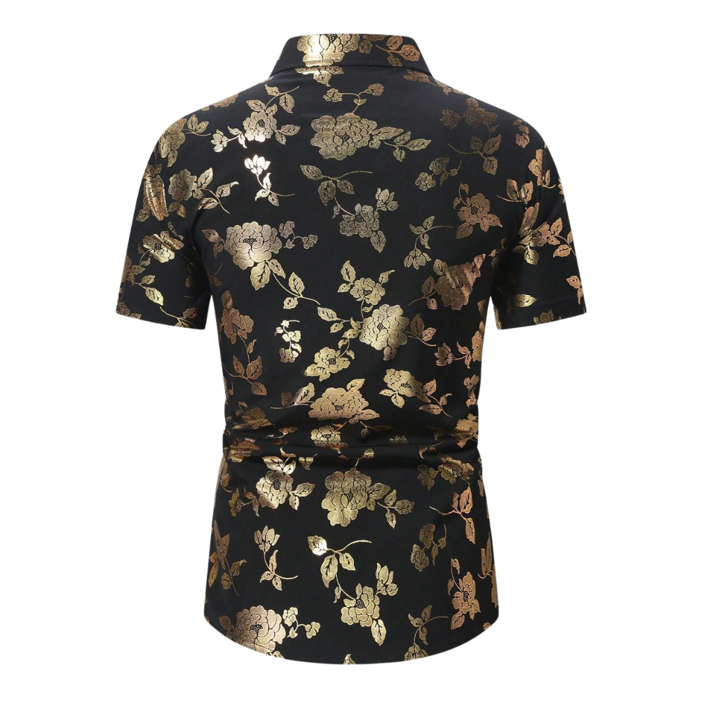 Costas da Camisa Vinser Ouro Preto preta com estampa floral dourada